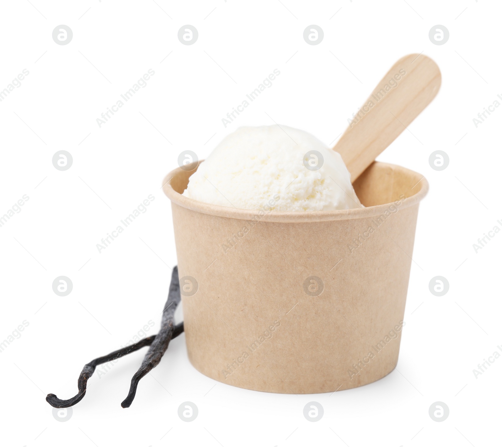 Photo of Paper cup with delicious ice cream and vanilla pods isolated on white