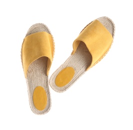 Photo of Slide shoes on white background, top view. Beach accessory