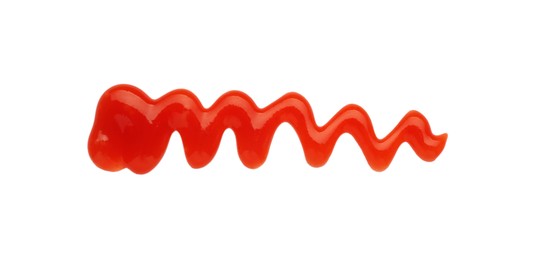 Photo of Tasty ketchup smear isolated on white, top view. Tomato sauce