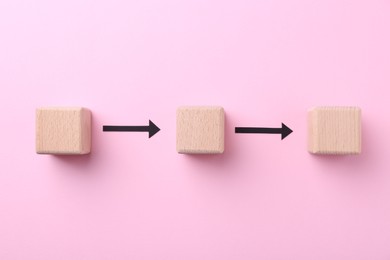 Business process organization and optimization. Scheme with wooden figures and arrows on pink background, top view