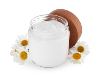 Photo of Jar of hand cream and chamomiles on white background