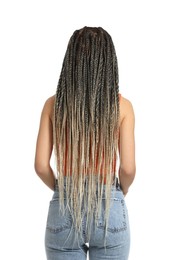 Woman with long african braids on white background, back view