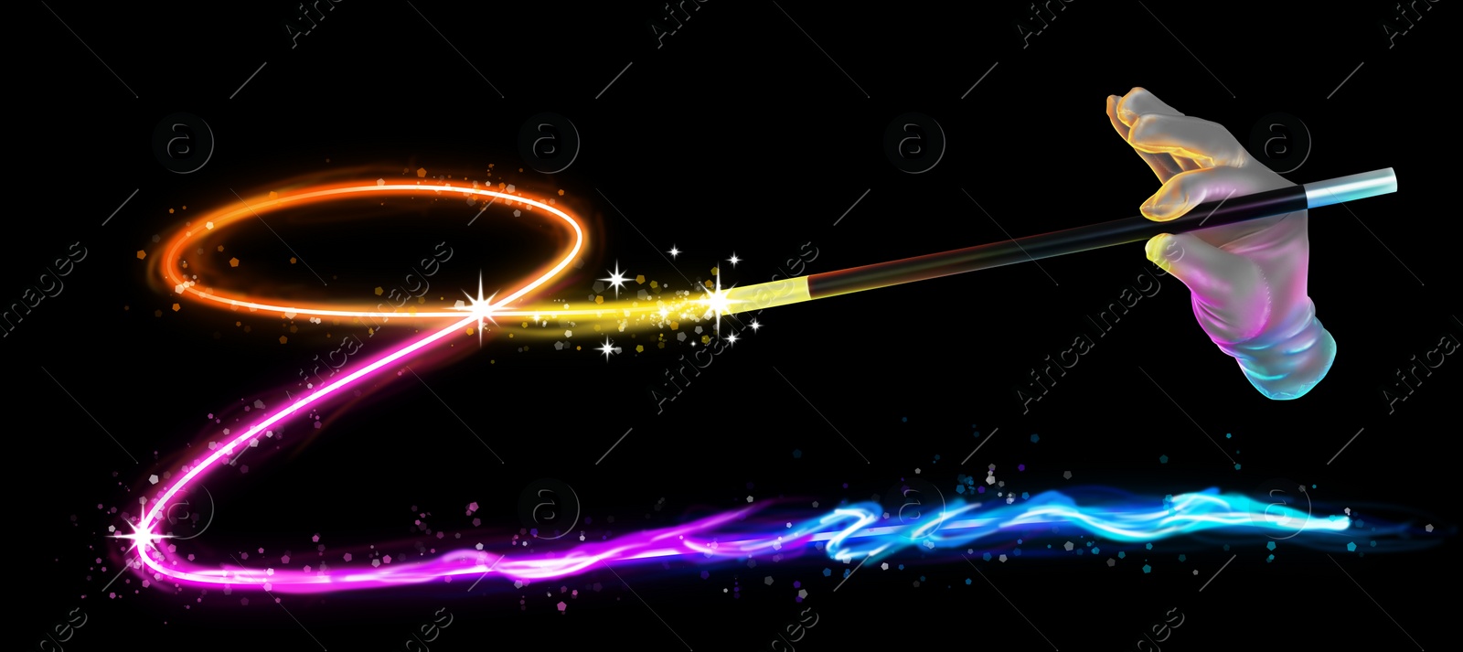 Image of Magician with magic wand performing trick on black background, closeup. Banner design