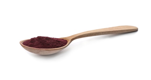 Photo of Spoon with acai powder on white background