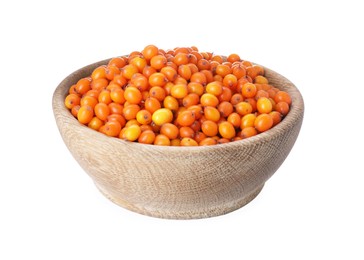 Photo of Fresh ripe sea buckthorn berries in wooden bowl isolated on white