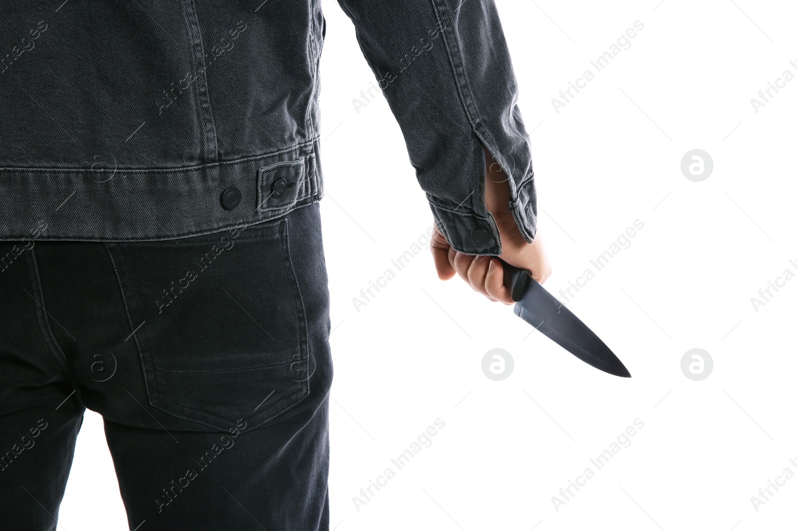 Photo of Man with knife on white background, closeup. Dangerous criminal