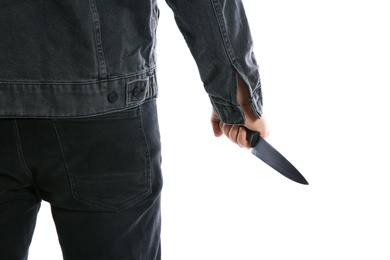 Man with knife on white background, closeup. Dangerous criminal