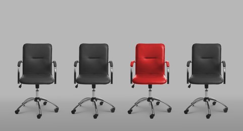 Image of Vacant position. Red office chair among black ones on light grey background, banner design
