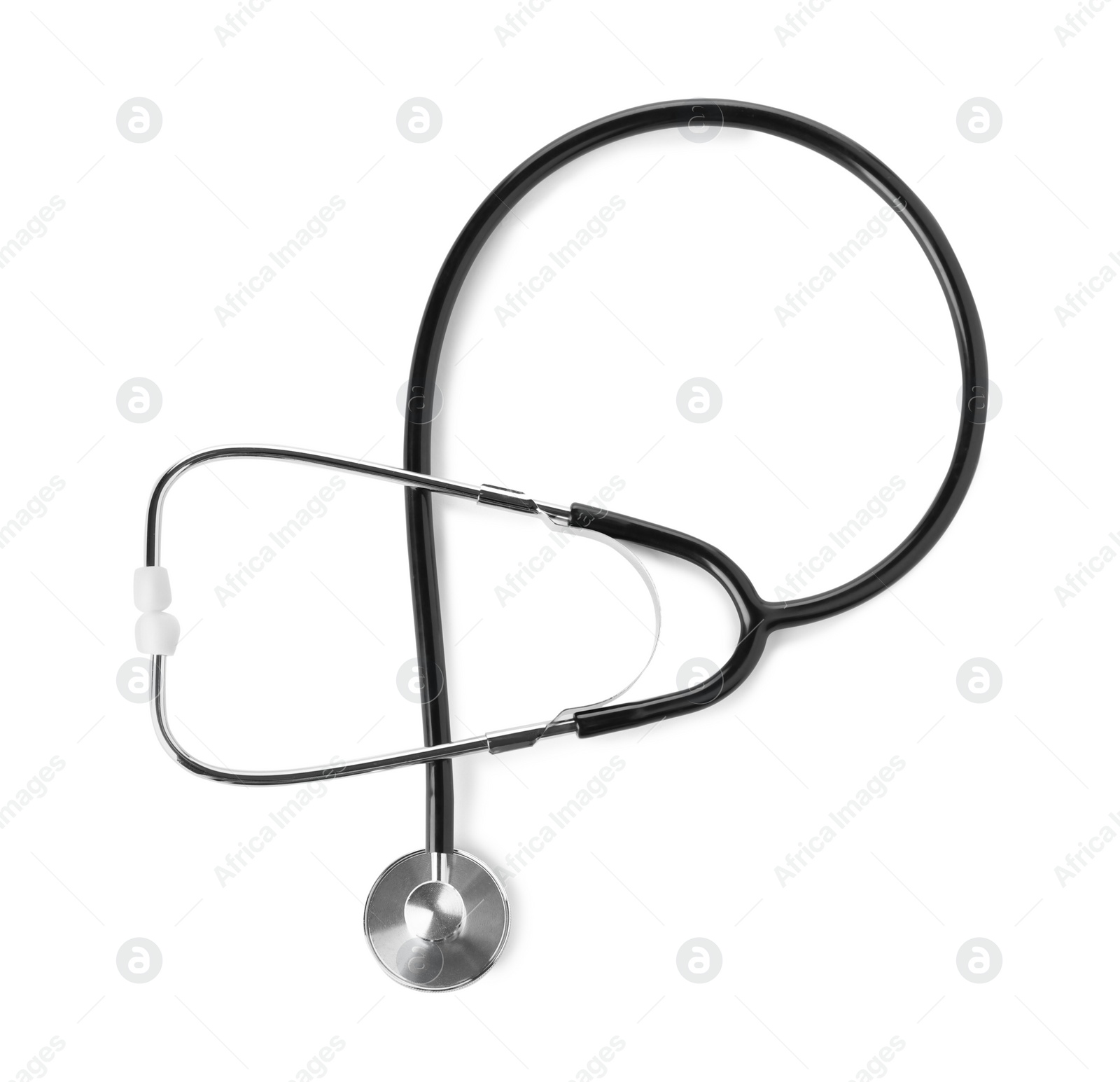 Photo of Stethoscope on white background, top view. Medical device