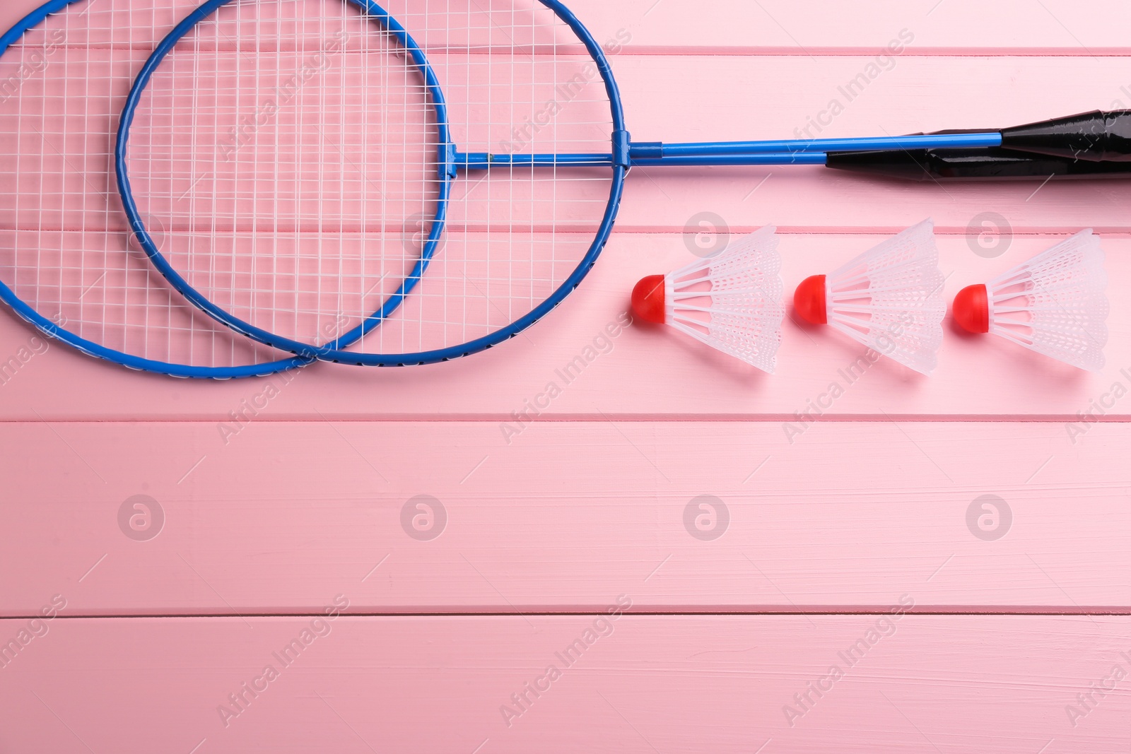 Photo of Badminton rackets and shuttlecocks on pink wooden table, flat lay. Space for text