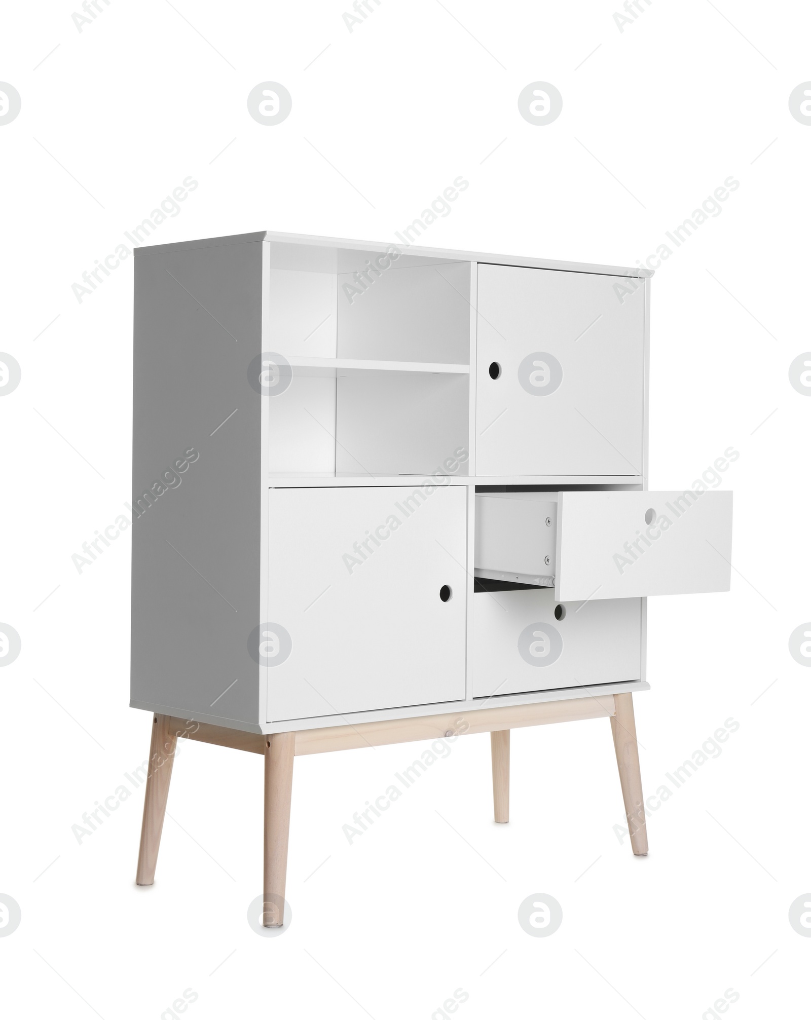 Photo of Stylish dresser with empty shelves on white background. Furniture for wardrobe room