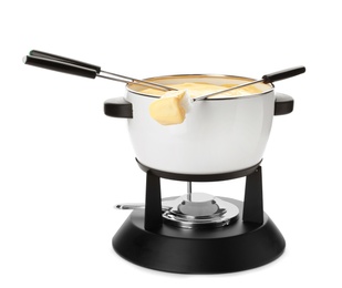 Photo of Pot of delicious cheese fondue and forks with bread on white background