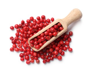 Photo of Aromatic spice. Red pepper in scoop isolated on white, top view