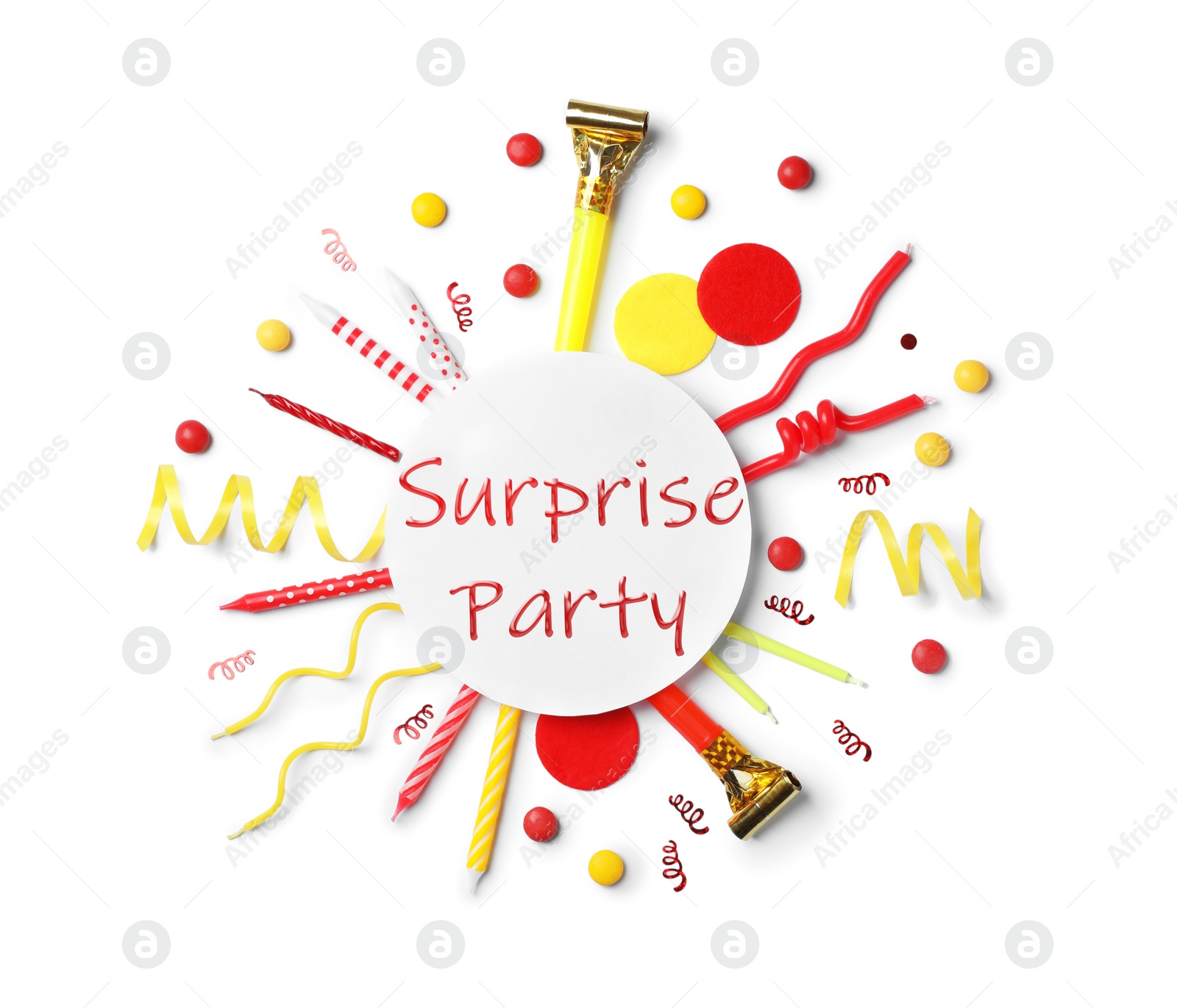 Image of Flat lay composition with different items for surprise party on white background