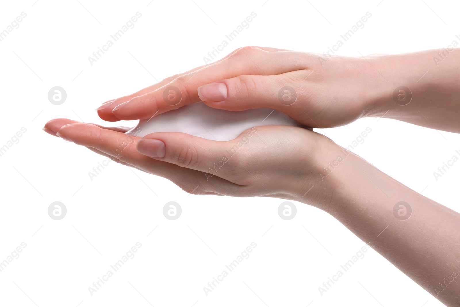 Photo of Woman with bath foam on white background, closeup