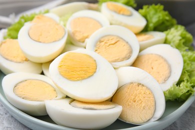 Photo of Plate with fresh hard boiled eggs and lettuce on light grey table, closeup