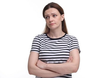Photo of Portrait of sad woman with crossed arms on white background