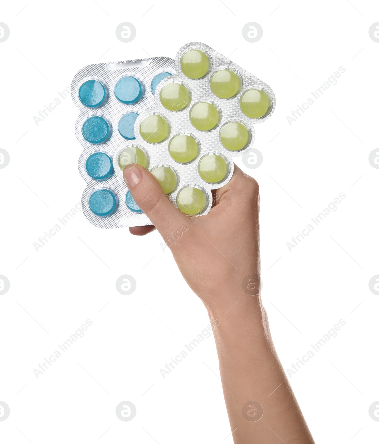 Photo of Woman holding blisters with cough drops on white background, closeup