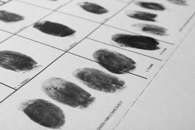 Photo of Police form with fingerprints, closeup. Forensic examination