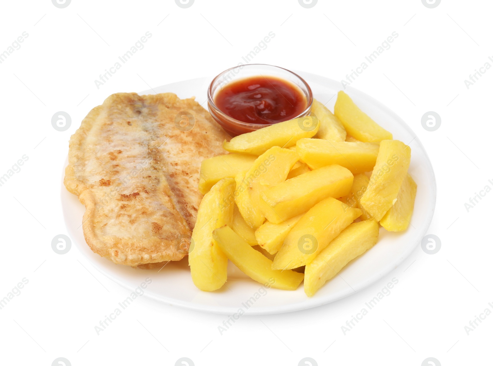 Photo of Delicious fish and chips with ketchup isolated on white