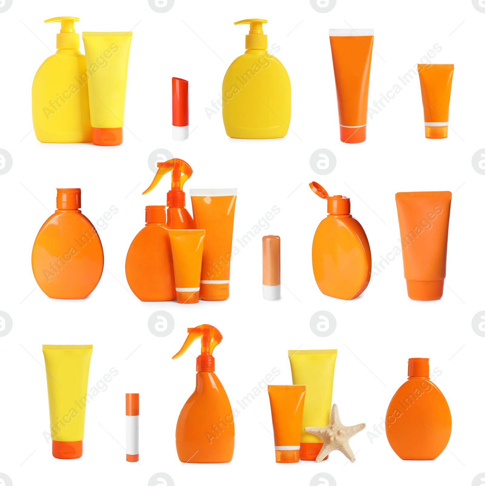 Image of Set with sun protection cosmetic products on white background