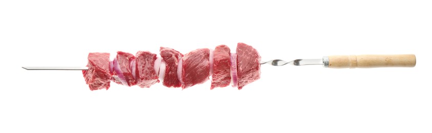 Photo of Metal skewer with raw meat and onion on white background