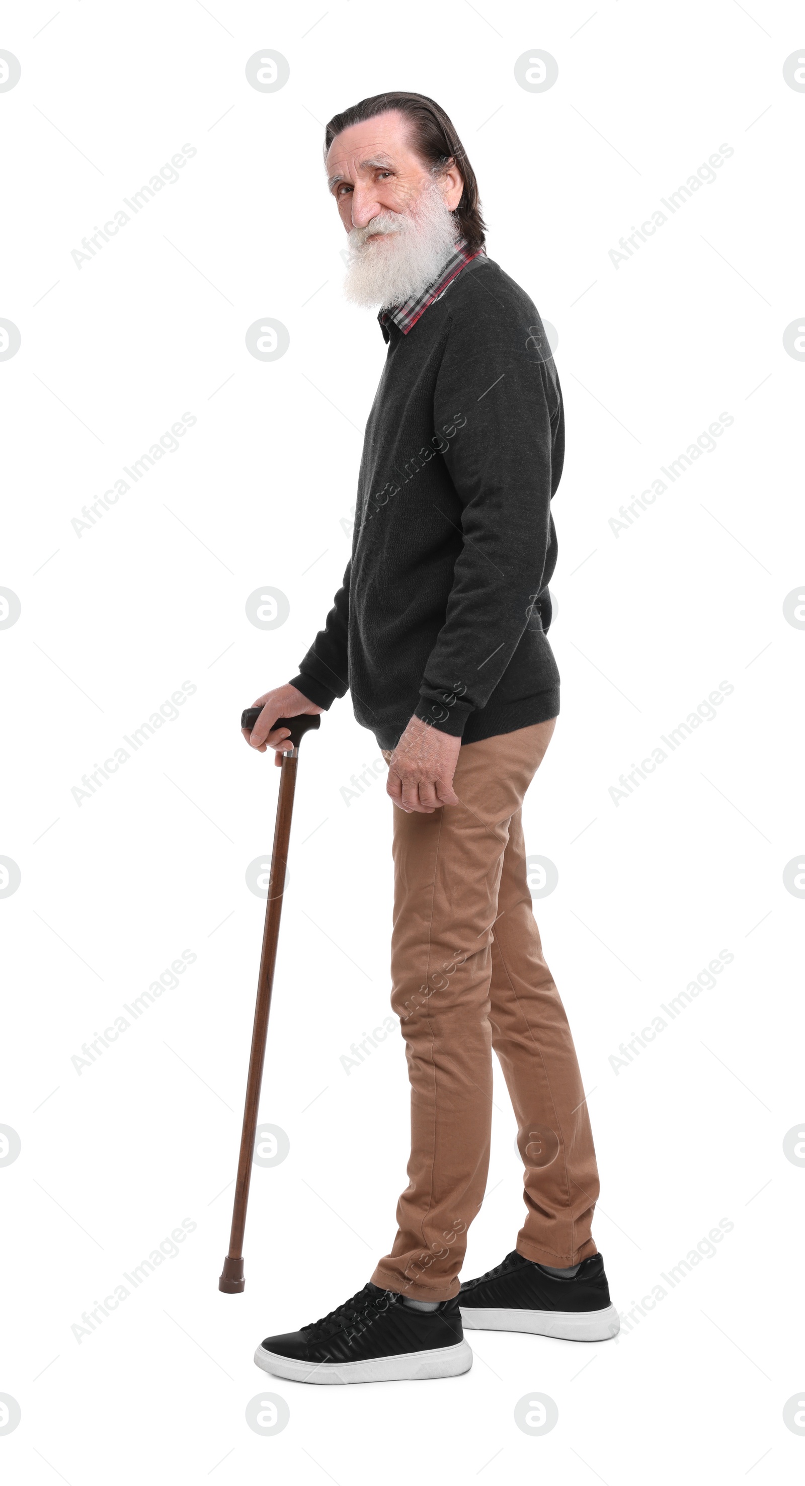 Photo of Senior man with walking cane on white background