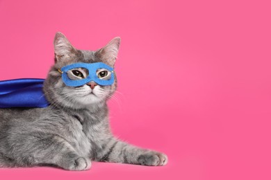 Photo of Adorable cat in blue superhero cape and mask on pink background, space for text