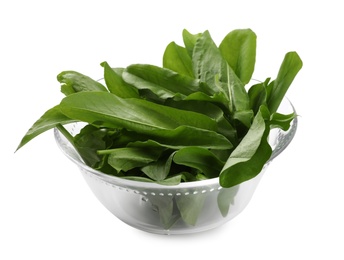 Photo of Fresh green sorrel leaves in glass bowl isolated on white