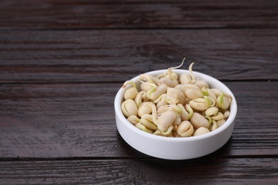 Photo of Sprouted kidney beans in bowl on dark wooden table, closeup. Space for text