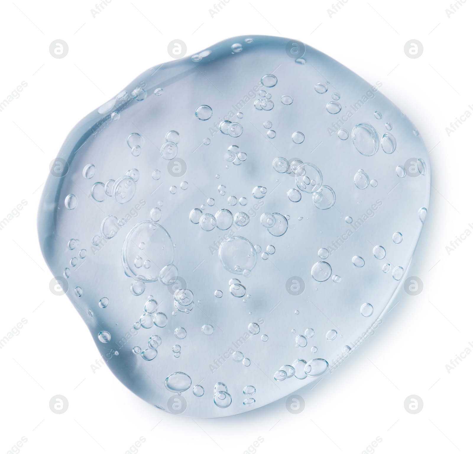 Photo of Sample of transparent shower gel on white background, top view