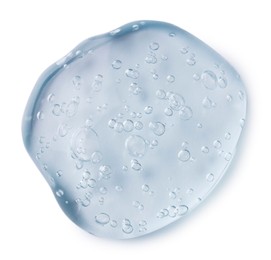 Sample of transparent shower gel on white background, top view