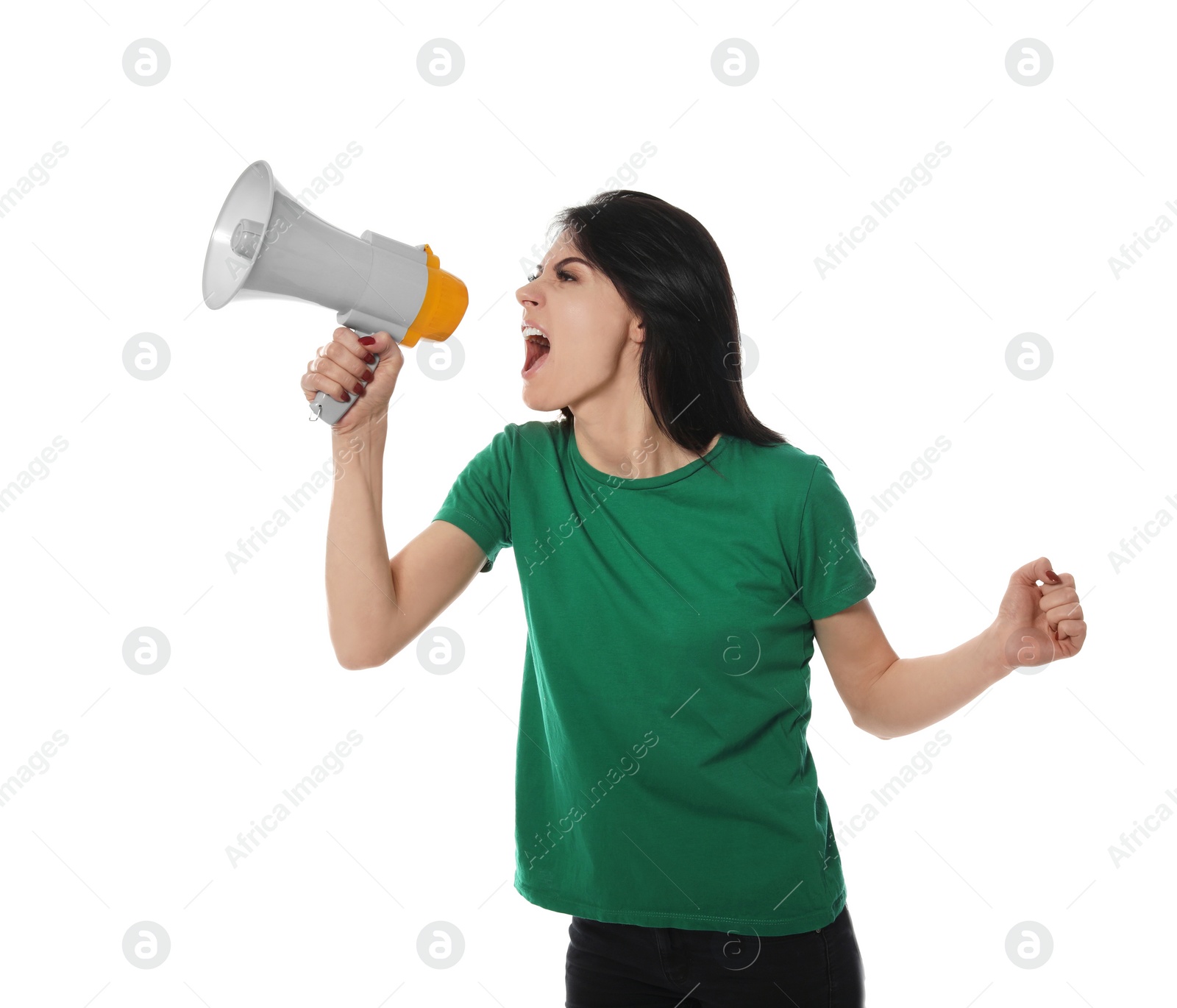 Photo of Portrait of emotional woman using megaphone on white background