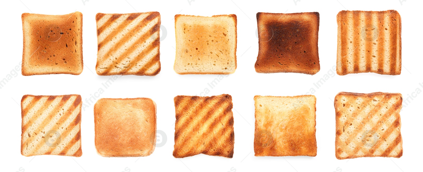 Image of Set with tasty toasted bread on white background, top view. Banner design