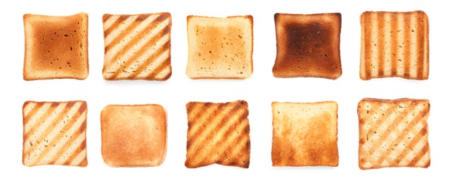 Set with tasty toasted bread on white background, top view. Banner design