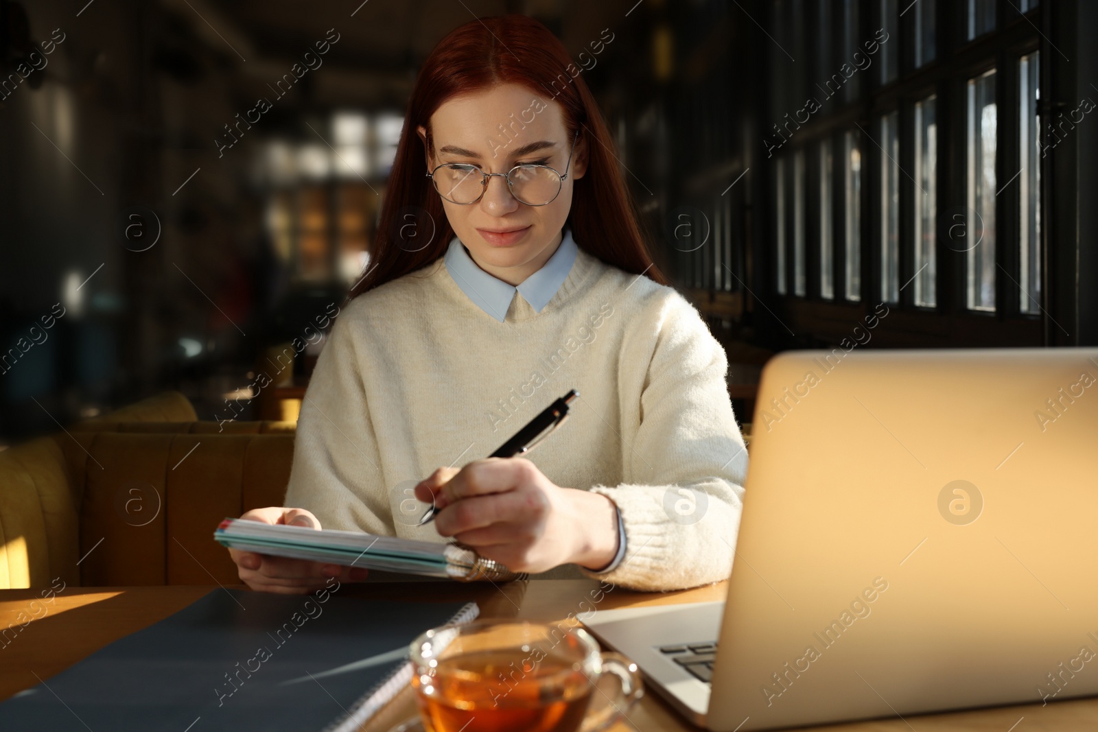 Photo of Young female student with laptop studying at table in cafe