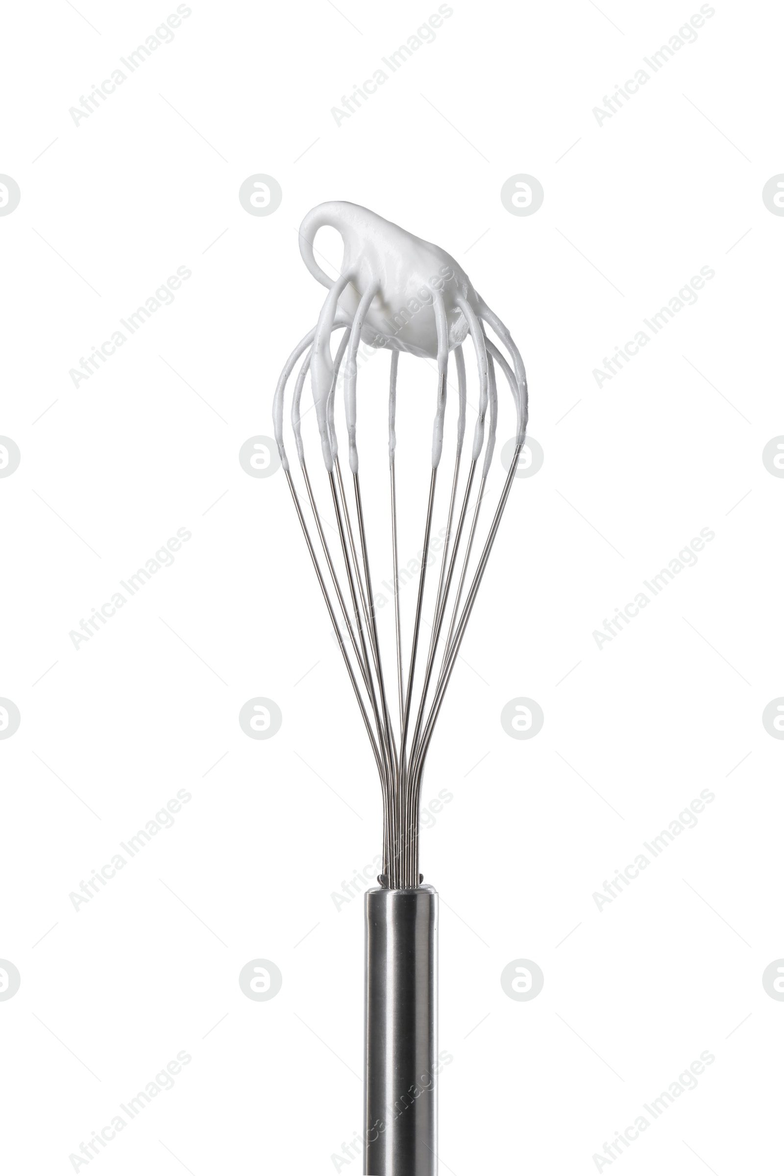 Photo of Whisk with whipped egg whites isolated on white