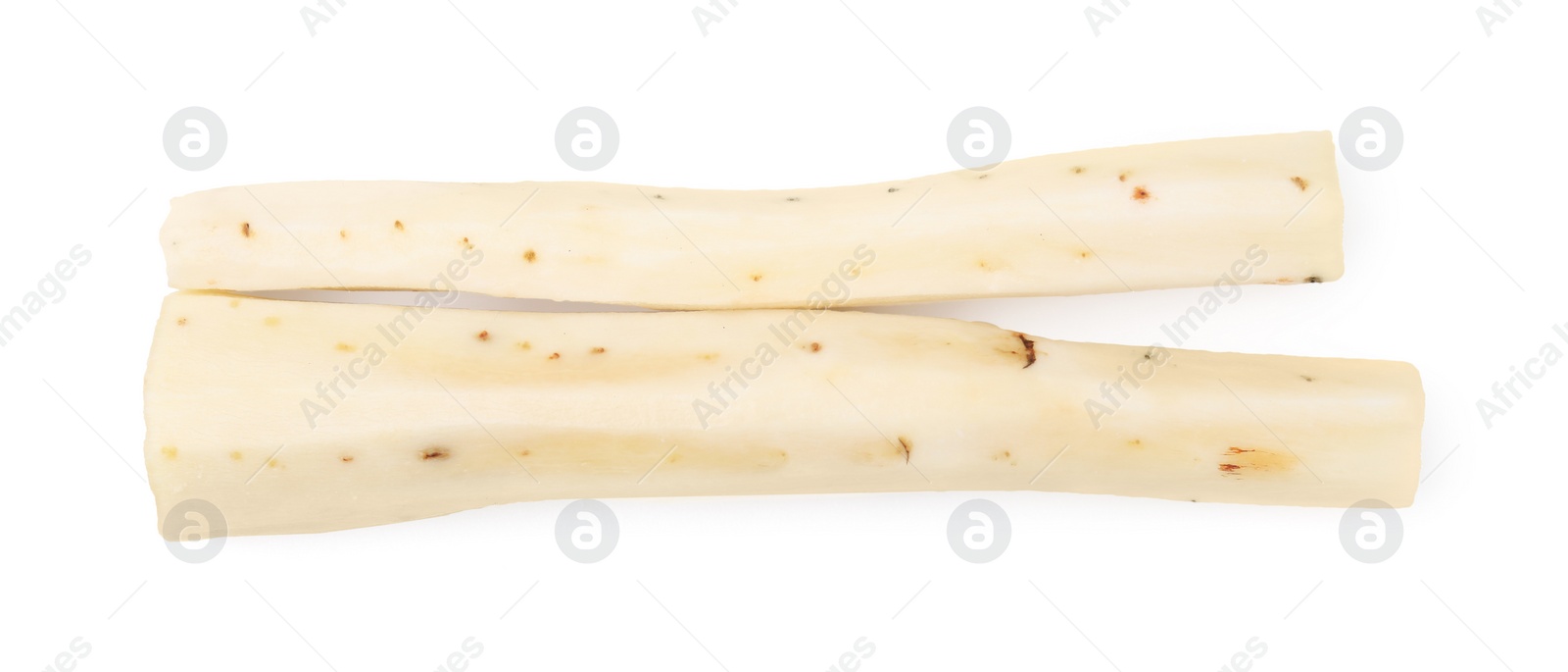 Photo of Cut raw salsify roots isolated on white, top view