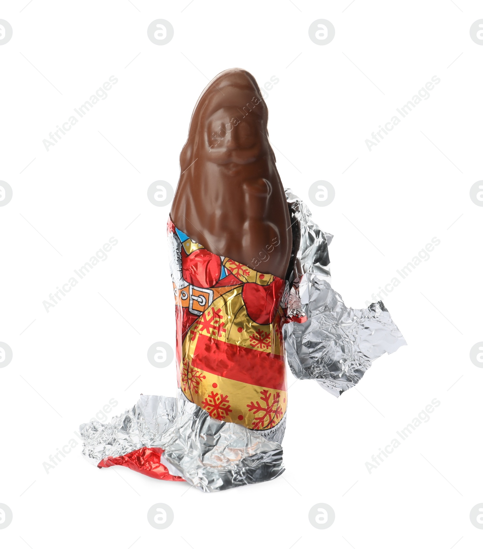 Photo of Unwrapped chocolate Santa Claus isolated on white