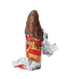 Photo of Unwrapped chocolate Santa Claus isolated on white