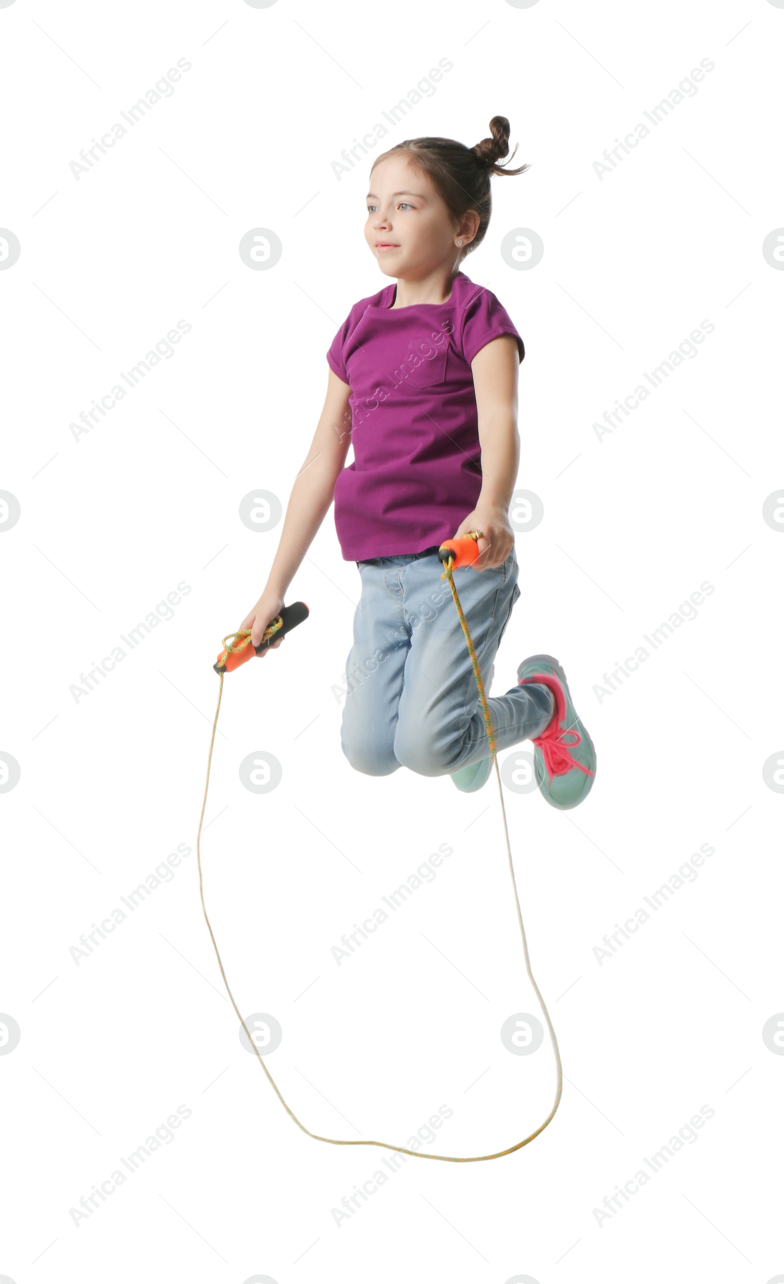 Photo of Cute little girl with jump rope on white background