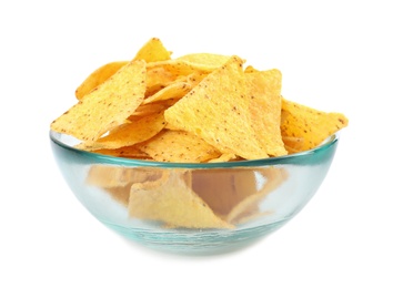 Photo of Glass bowl with tasty Mexican nachos chips on white background