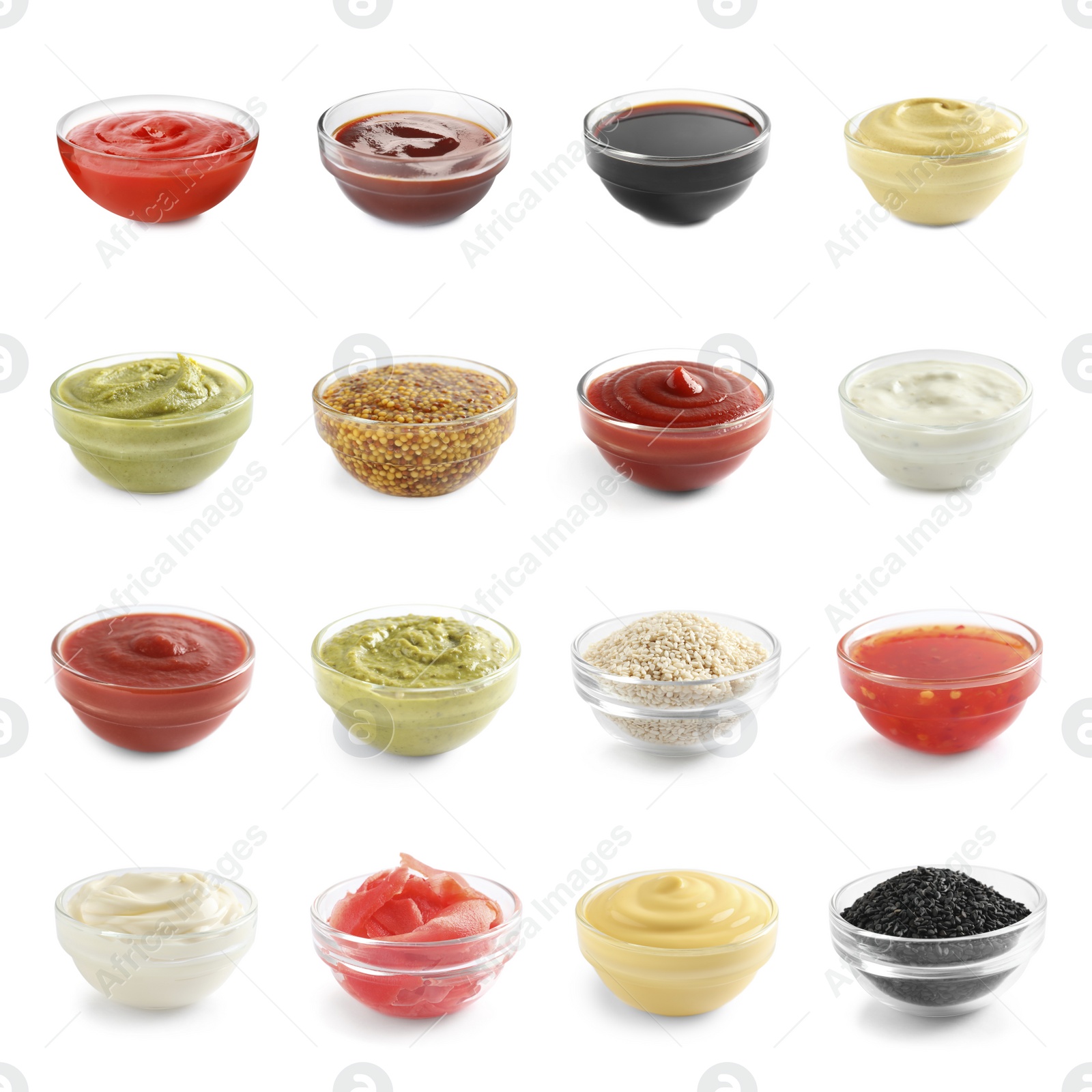 Image of Set of different delicious sauces and condiments on white background