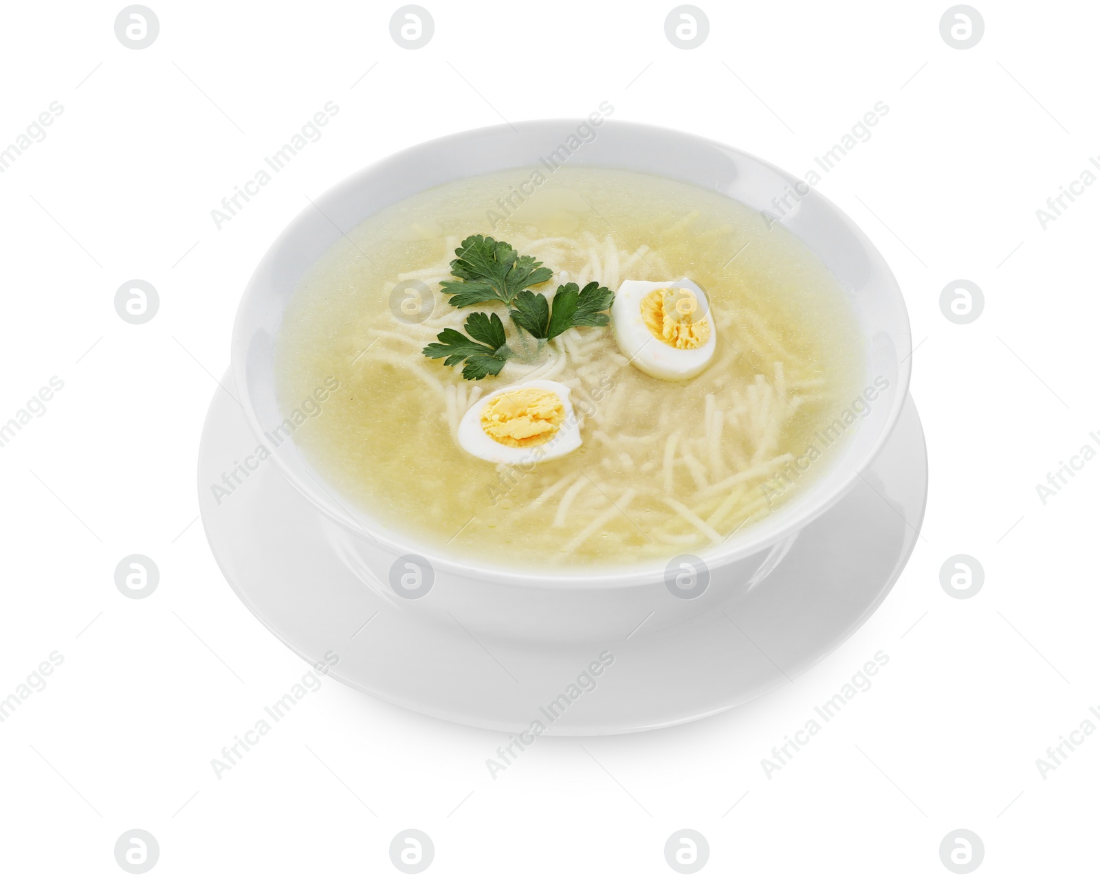 Photo of Tasty soup with noodles, egg and parsley in bowl isolated on white