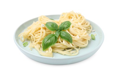 Photo of Delicious pasta with brie cheese and basil leaves on white background