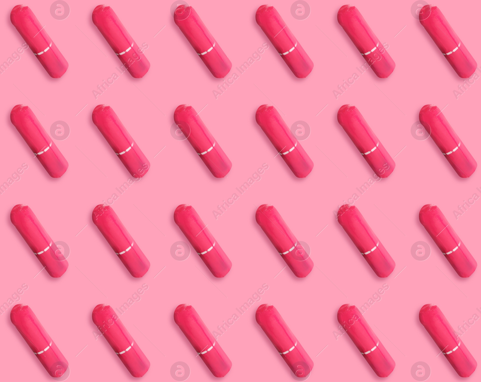 Image of Many tampons on pink background, flat lay 