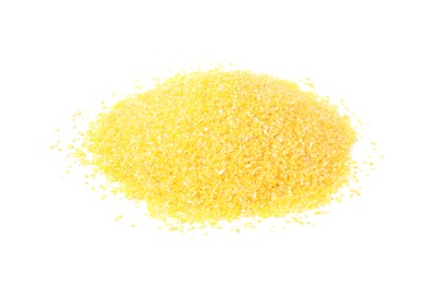 Photo of Pile of raw cornmeal isolated on white