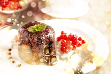 Image of Delicious warm chocolate lava cake on plate, closeup. Tasty dessert for Christmas dinner