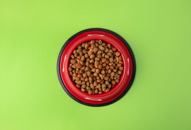 Photo of Dry dog food in feeding bowl on light green background, top view