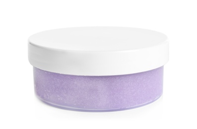 Photo of Container with natural scrub on white background